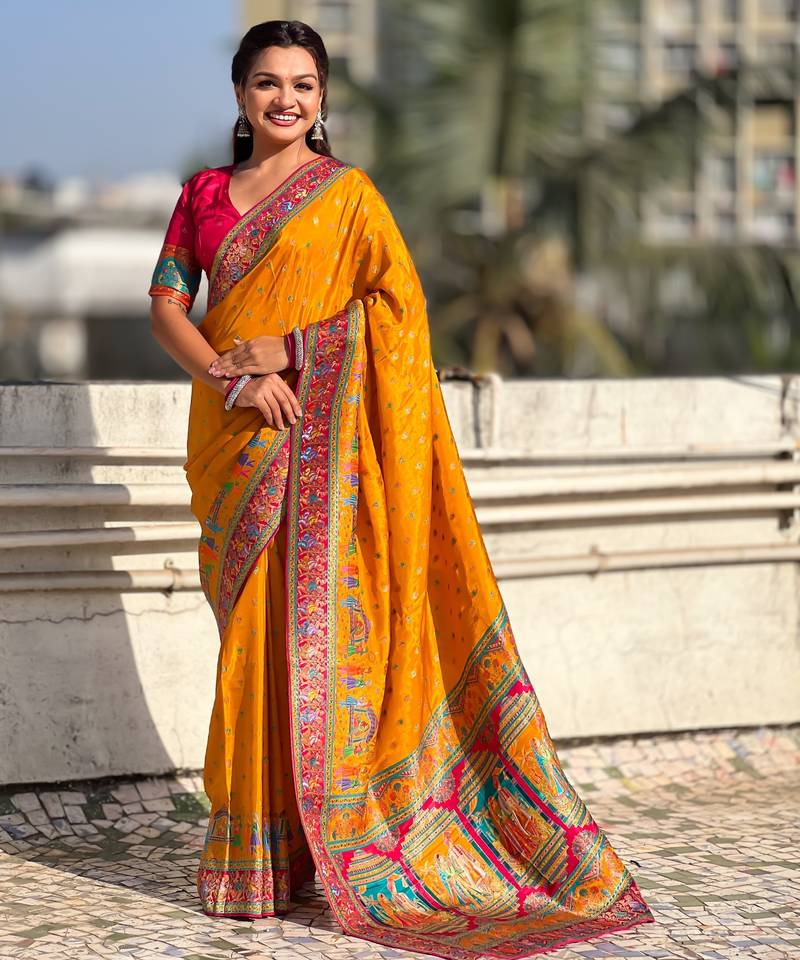 Mustard silk blend saree with traditional multicolor woven border & rich pallu | festive & party wear saree