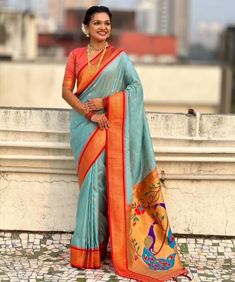 Sky blue silk blend saree with orange zari border & peacock printed pallu | festive traditional wear saree 3