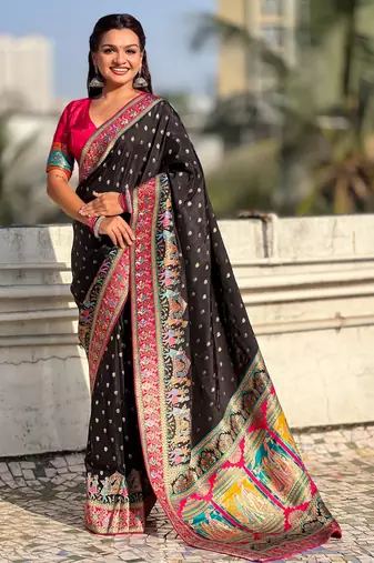 Black silk blend saree with traditional multicolor woven border & rich pallu | festive & party wear saree