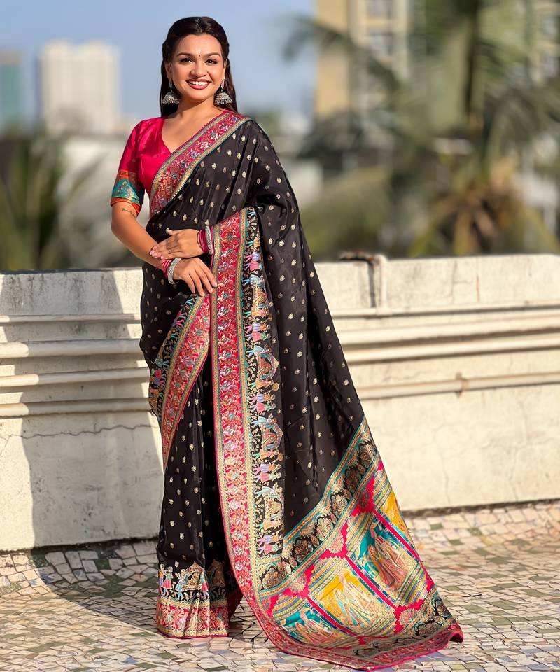 Black silk blend saree with traditional multicolor woven border & rich pallu | festive & party wear saree