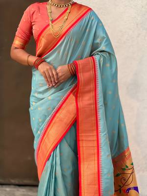 Sky blue silk blend saree with orange zari border & peacock printed pallu | festive traditional wear saree 5