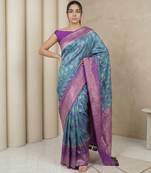 Light sea green geometric diamond weave pattern rich zari woven border & pallu silk blend fabric