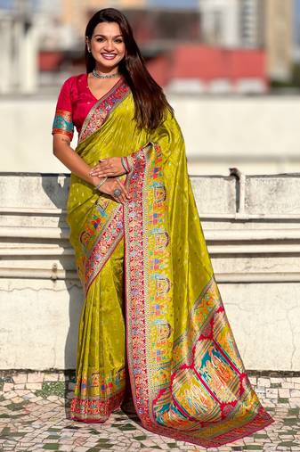 Olive silk blend saree with traditional multicolor woven border & rich pallu | festive & party wear saree