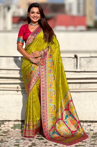 Olive silk blend saree with traditional multicolor woven border & rich pallu | festive & party wear saree