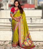 Olive silk blend saree with traditional multicolor woven border & rich pallu | festive & party wear saree