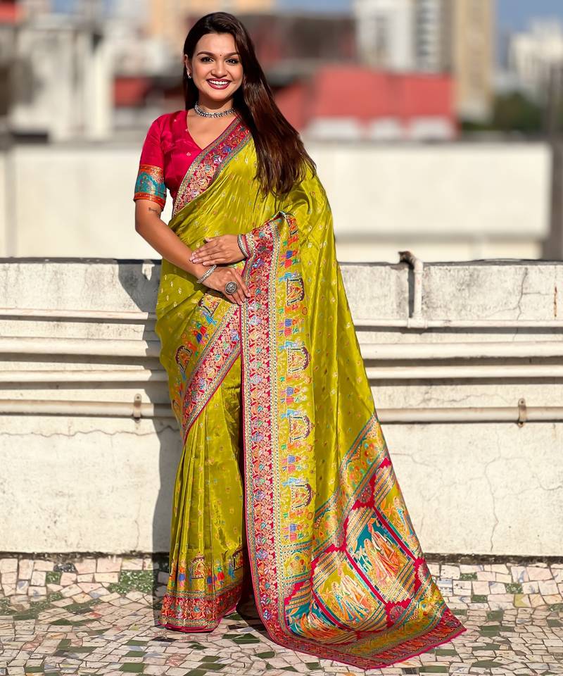 Olive silk blend saree with traditional multicolor woven border & rich pallu | festive & party wear saree