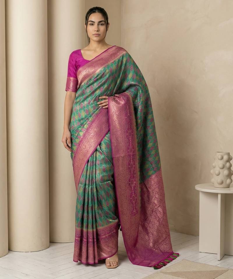 Sea green geometric diamond weave pattern rich zari woven border & pallu silk blend fabric