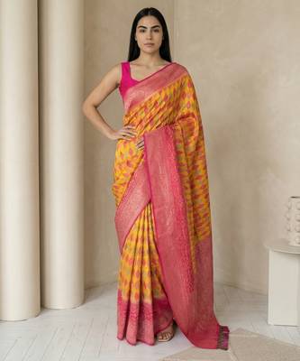 Mustard geometric diamond weave pattern rich zari woven border & pallu silk blend fabric 1
