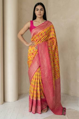 Mustard geometric diamond weave pattern rich zari woven border & pallu silk blend fabric