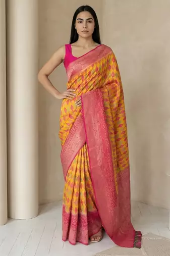 Mustard geometric diamond weave pattern rich zari woven border & pallu silk blend fabric
