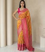 Mustard geometric diamond weave pattern rich zari woven border & pallu silk blend fabric