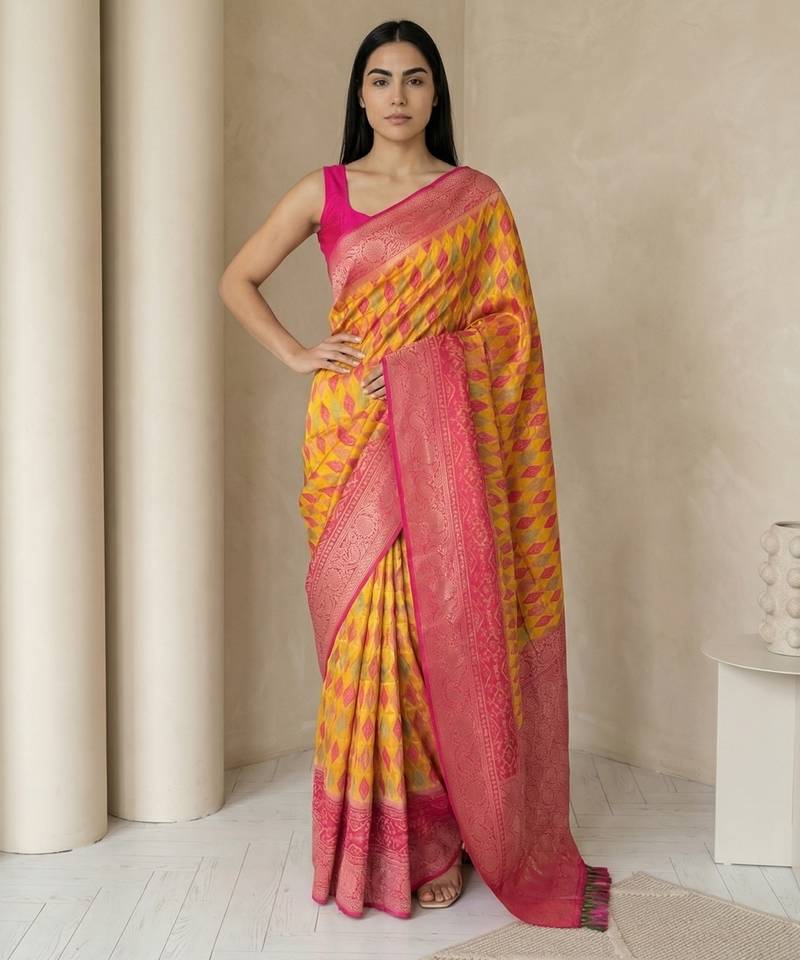 Mustard geometric diamond weave pattern rich zari woven border & pallu silk blend fabric