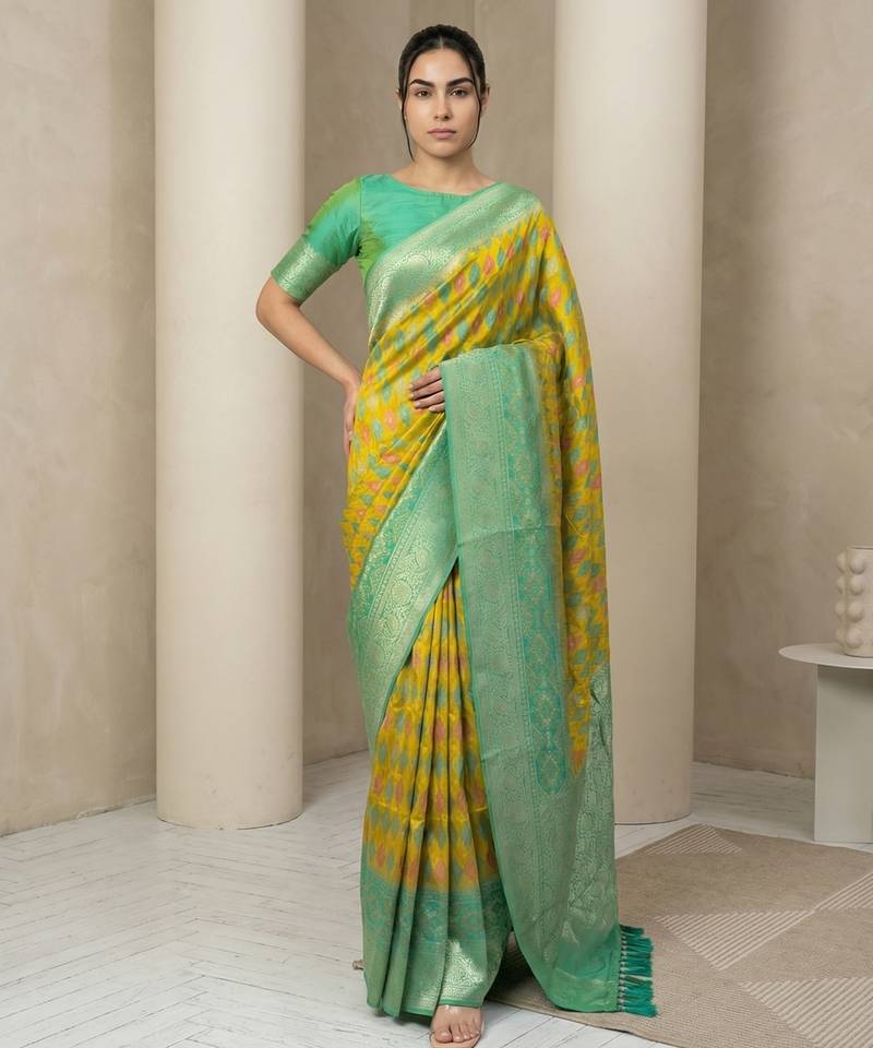 Yellow geometric diamond weave pattern rich zari woven border & pallu silk blend fabric