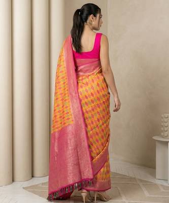 Mustard geometric diamond weave pattern rich zari woven border & pallu silk blend fabric 2