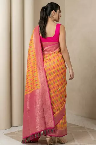 Mustard geometric diamond weave pattern rich zari woven border & pallu silk blend fabric