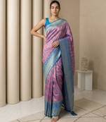Lavender geometric diamond weave pattern rich zari woven border & pallu silk blend fabric