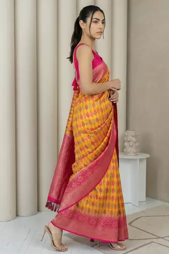 Mustard geometric diamond weave pattern rich zari woven border & pallu silk blend fabric