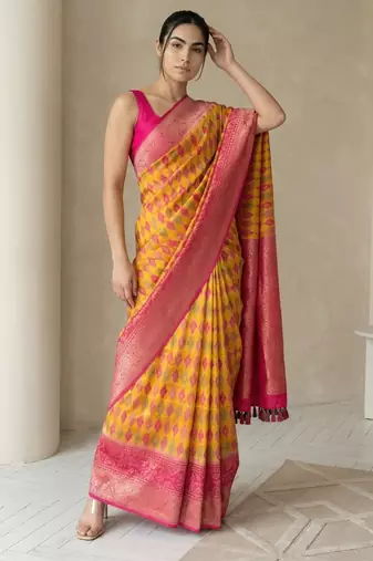 Mustard geometric diamond weave pattern rich zari woven border & pallu silk blend fabric