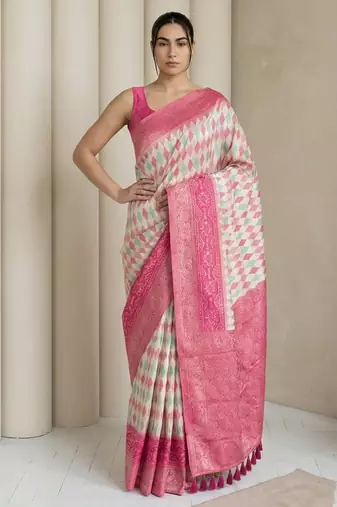 Cream geometric diamond weave pattern rich zari woven border & pallu silk blend fabric