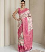 Cream geometric diamond weave pattern rich zari woven border & pallu silk blend fabric
