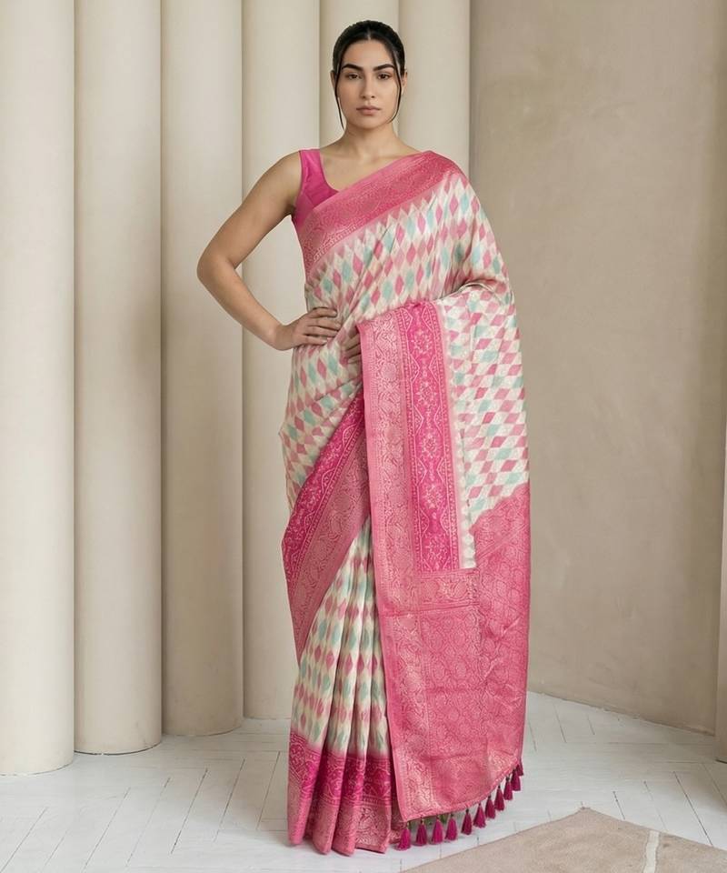 Cream geometric diamond weave pattern rich zari woven border & pallu silk blend fabric