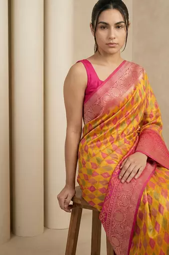 Mustard geometric diamond weave pattern rich zari woven border & pallu silk blend fabric