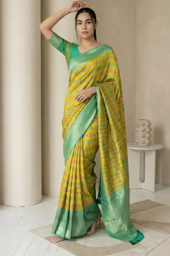 Yellow geometric diamond weave pattern rich zari woven border & pallu silk blend fabric