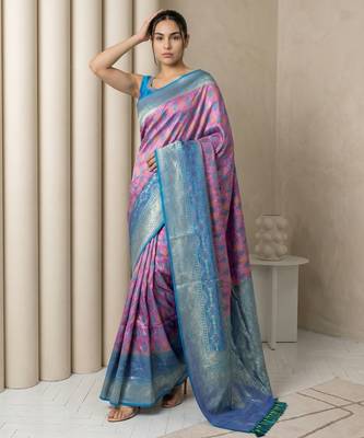 Lavender geometric diamond weave pattern rich zari woven border & pallu silk blend fabric 4