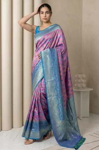 Lavender geometric diamond weave pattern rich zari woven border & pallu silk blend fabric