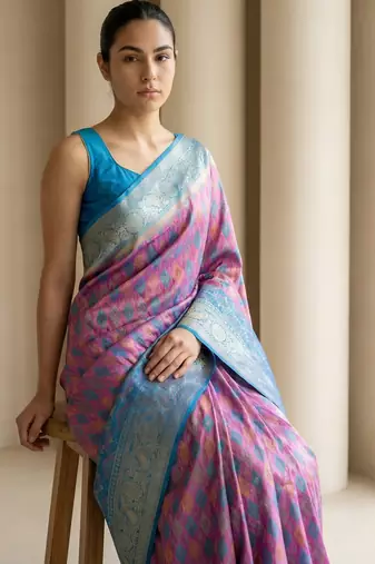 Lavender geometric diamond weave pattern rich zari woven border & pallu silk blend fabric