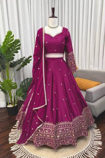 Wine Color  thread with Sequnce Work Satin Lahenga Choli Set