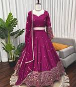 Wine Color  thread with Sequnce Work Satin Lahenga Choli Set