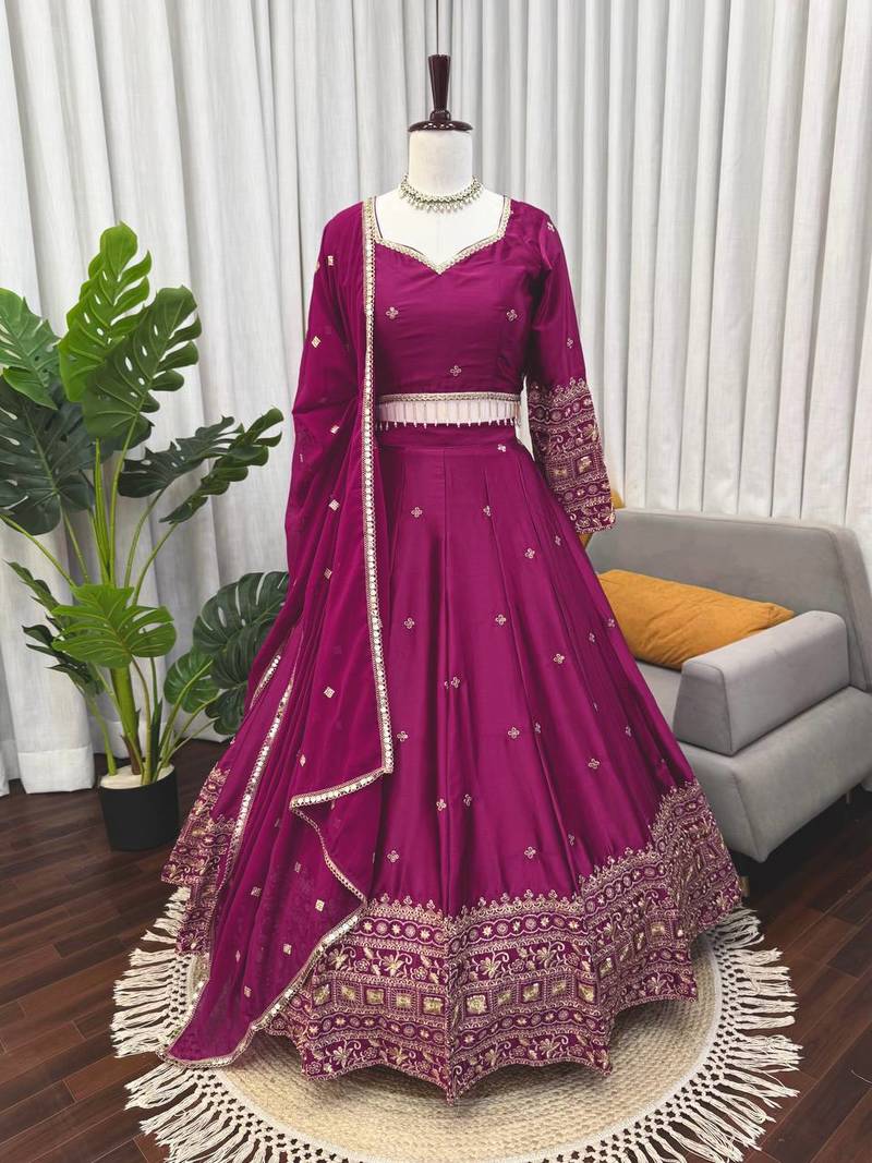 Wine Color  thread with Sequnce Work Satin Lahenga Choli Set