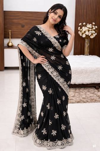New Designer Embroidered Shimmer silk Women's Saree With Blouse Set 