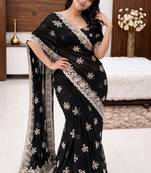 black embroidered shimmer silk saree with border work