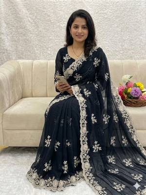 black embroidered shimmer silk saree with border work 2