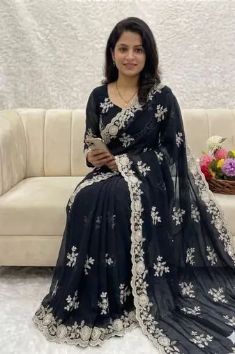 black embroidered shimmer silk saree with border work
