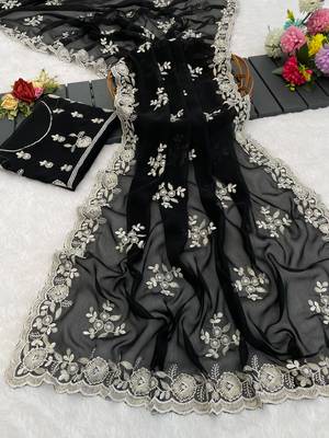 black embroidered shimmer silk saree with border work 3