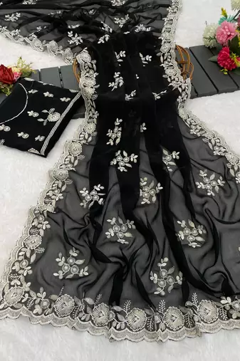black embroidered shimmer silk saree with border work