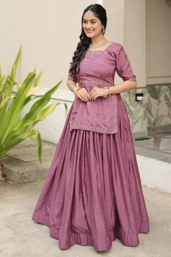 Onion Color Plain With Embroidery Top Chinon Lehenga Fully Stitched fancy Sets