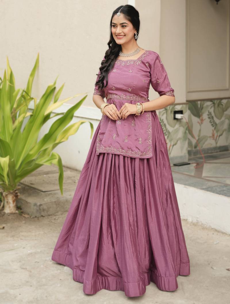 Onion Color Plain With Embroidery Top Chinon Lehenga Fully Stitched fancy Sets