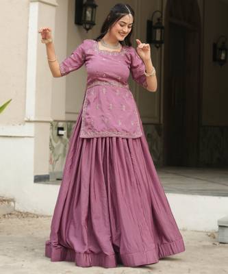 Onion Color Plain With Embroidery Top Chinon Lehenga Fully Stitched fancy Sets 2