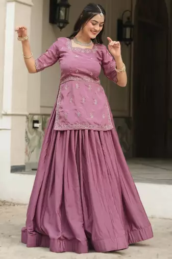 Onion Color Plain With Embroidery Top Chinon Lehenga Fully Stitched fancy Sets