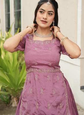 Onion Color Plain With Embroidery Top Chinon Lehenga Fully Stitched fancy Sets 3