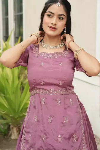Onion Color Plain With Embroidery Top Chinon Lehenga Fully Stitched fancy Sets