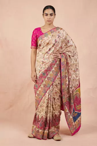 Cream printed silk blend saree with multicolor traditional border & paisley pallu | festive ethnic wear saree