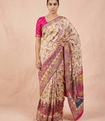 Cream printed silk blend saree with multicolor traditional border & paisley pallu | festive ethnic wear saree