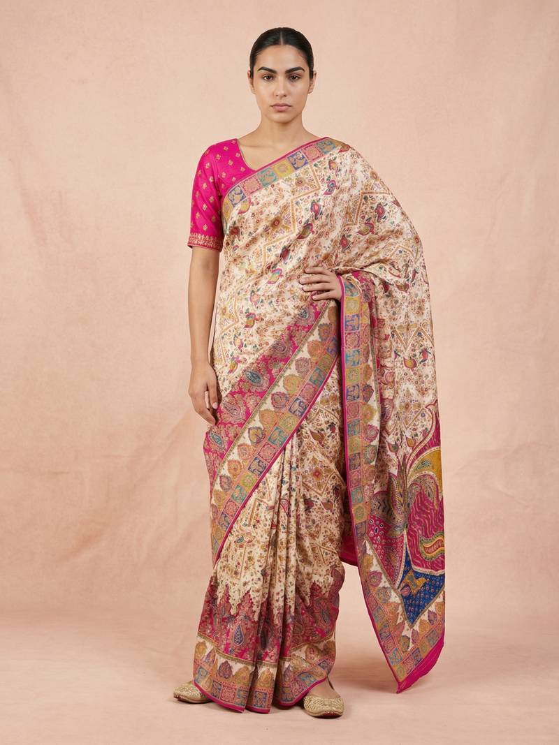 Cream printed silk blend saree with multicolor traditional border & paisley pallu | festive ethnic wear saree