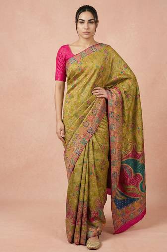 Olive printed silk blend saree with multicolor traditional border & paisley pallu | festive ethnic wear saree