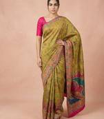 Olive printed silk blend saree with multicolor traditional border & paisley pallu | festive ethnic wear saree